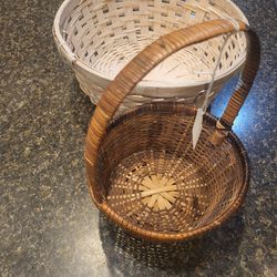 Wicker baskets lot of 2 white 10" diameter, and brown 3.5" tall with handle