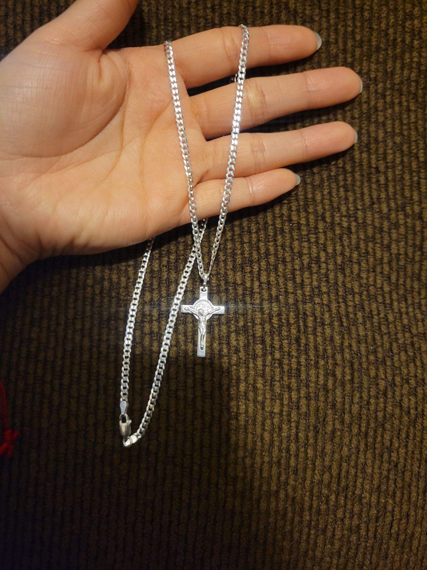 Italy 925 Solid Sterling Silver Cuban Link Chain Necklace & Small St. Benedict Crucifix Unisex 22" Plata 925 Cadena & Crucifijo San Benito Unisex 22"