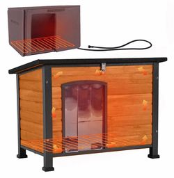 Air73-HP Outdoor Dog House AIR73/74/75/76-IN-HP, 33.5"L/43.3"L Metal Frame, Removable Liner and Heating Pad - Brown - Medium 33.5"L x 22"W x 25.2"H