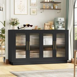 Modern Sideboard Buffet with Fluted Glass Doors, Accent Cabinet Console Table TV Stand, Black