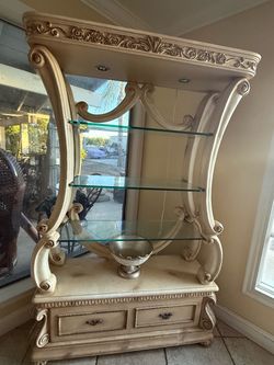 Beautiful bone white hutch & 4 tier glass shelf