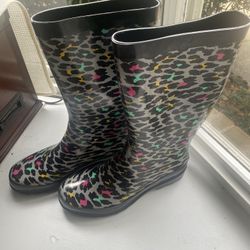 Women’s 8M Sugar Leopard Multi Colored Slip-on Waterproof Rain/Farm Boots - Compare @$65