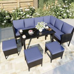Newly Assembled 6 Pieces Outdoor Dining Set for 9 Outside PE Rattan Conversation Sets Wicker Sofa 