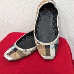 Burberry Shoes Womens 5.5 Plaid Ballet Flats Slip On Tan Fabric Casual Square Toe