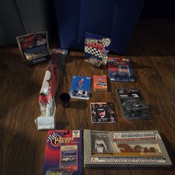 Nascar's collection set Dale Earnhardt set 6 medium size car's one  flag that you can put on a car pack of playing cards one plaque ceramic  one  lice