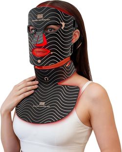 Red Light Therapy Mask for Face & Neck – 4 Light Modes with 850nm NIR, Red, Yellow & Blue LED Light Therapy, 2600mAh Rechargeable LED Face Mask for An