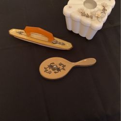 Vintage 1920-1930’s Lucite Nail Buffer And Vintage Cotton Ball Holder And Purse Size Hand Mirror