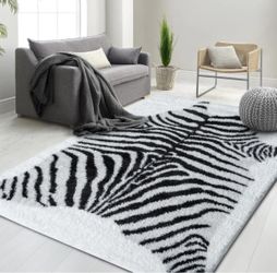 Plush Black & White Zebra Pattern Shag Rug Thick Pile, Soft & Cozy Floor Carpet
