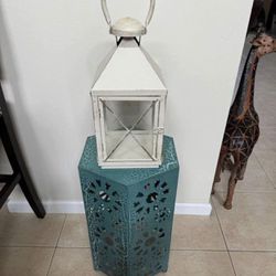 Decorative Crackle Sunburst Iron Side Table/Plant Stand  Teal with Metal Lantern Candle Holder
