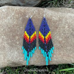 Royal Purple With Native Colors Fringed Earrings, New, Handmade By Me