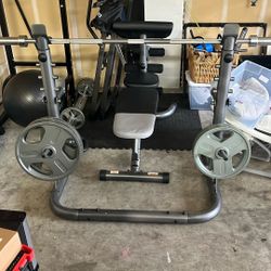 WEIDER Olympic Bench + Rack + 300 lb Set (255 lb plates + 45 lb bar) + Attachments + Weight Tree