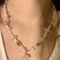 Natural Rose Quartz Mushroom Boho Macrame Hippie 19” Handcrafted necklace