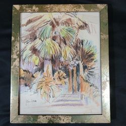 Original Framed Signed Contemporary Colorful Artwork By John Loree- Brown Orange Green Palm Tree Tropical Forest Nature