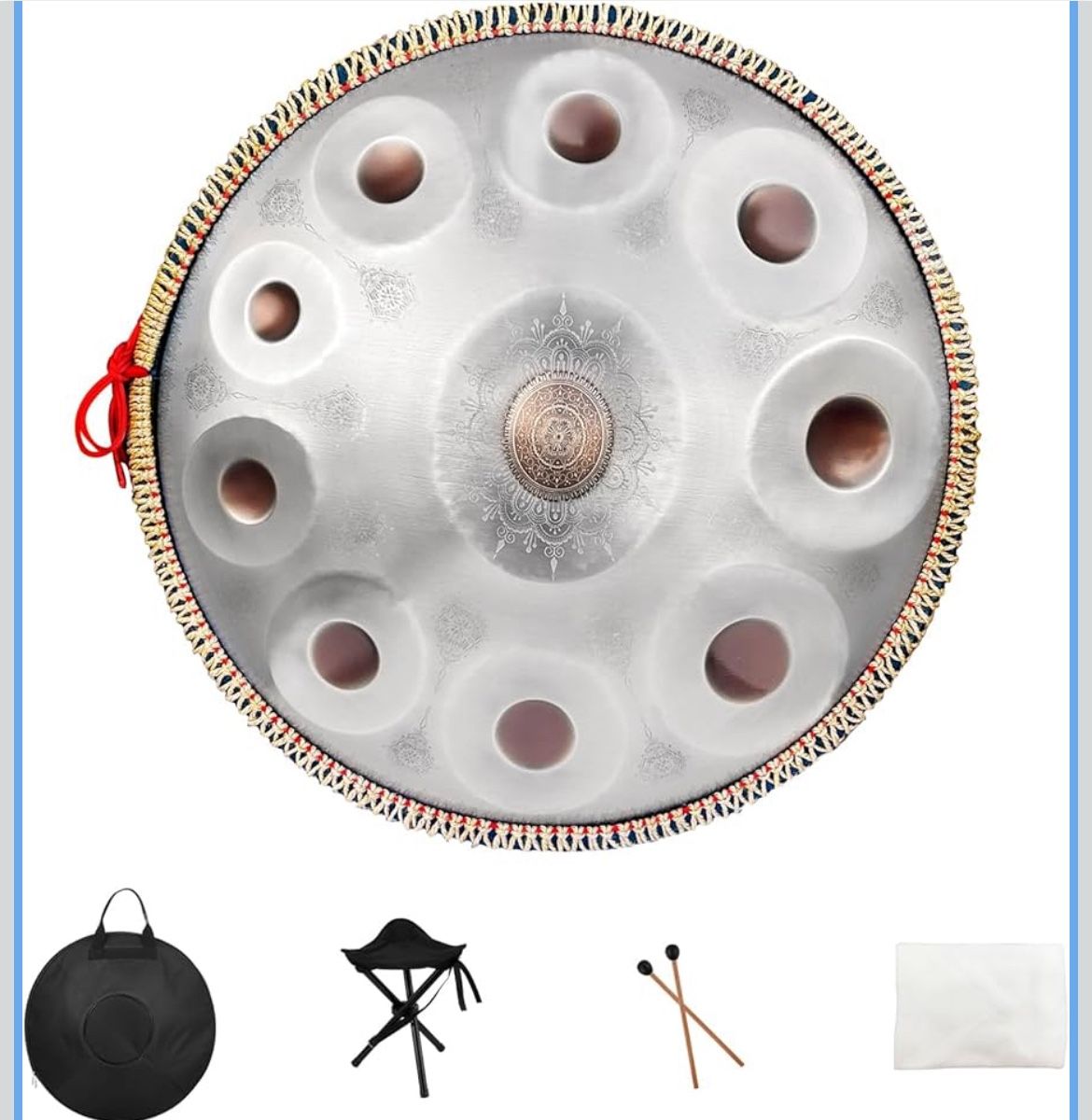 Handpan Drum,22inch 10 Sounds D Minor Silver Print 432hz Handpan,Adult's Steel Hand Pan Instrument,Sounds Clean Clear Ethereal