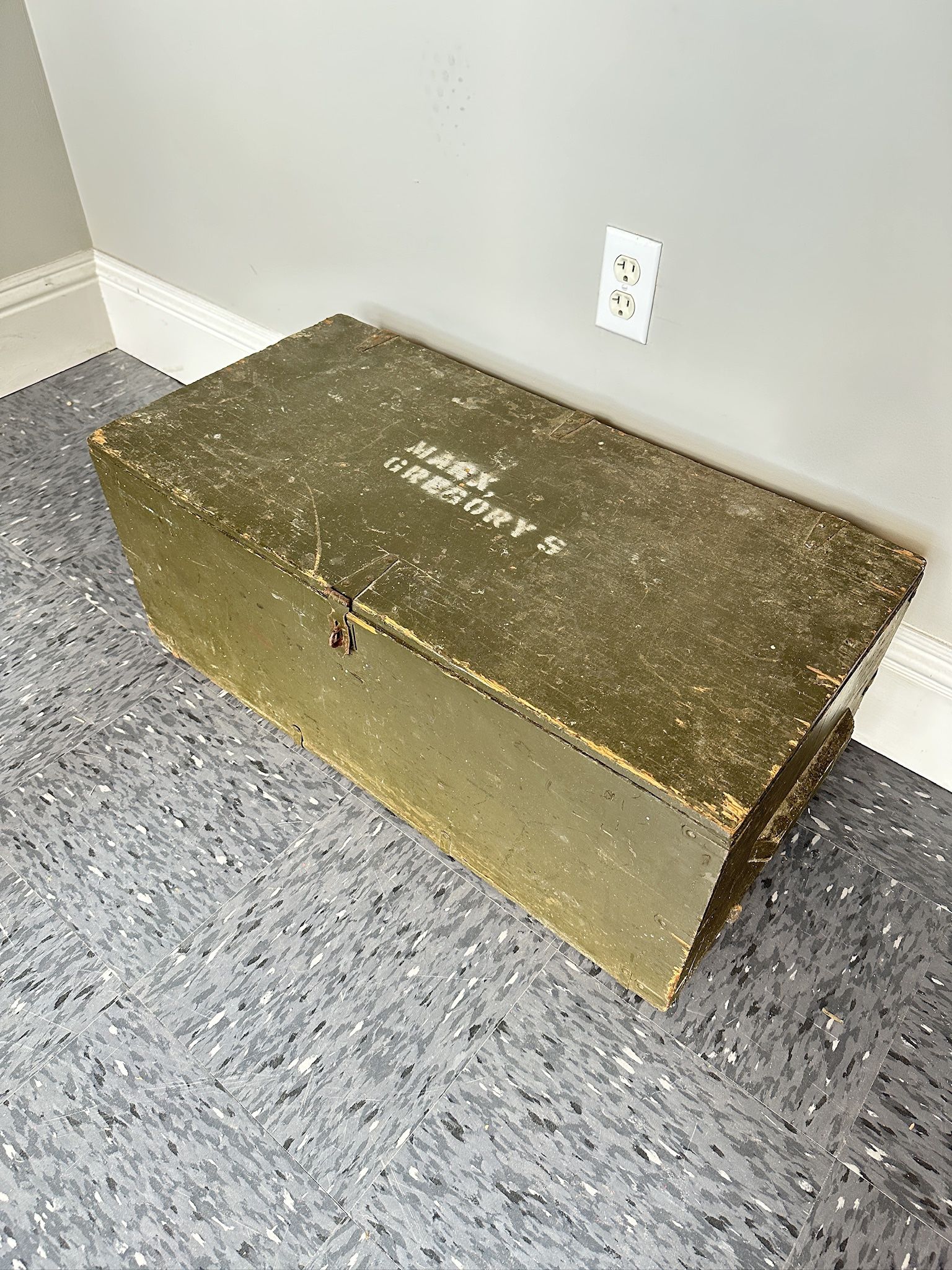 Mid Century Military Army Green Wood Foot Locker