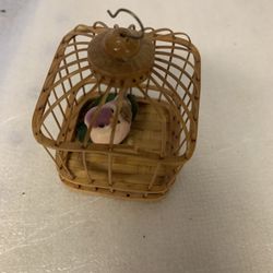 Vintage Chinese Bamboo Miniature 4"  Hanging Bird Cage Decor Ornament With Bird 