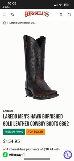 Laredo Men's Hawk Burnished Gold Leather Cowboy Boots 6862 Size 10D