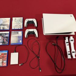 PS5 Disc Edition With 2 Controllers, 5 Games, Seagate 2 TB USB Storage, And All Cords