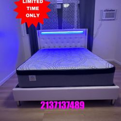 Queen Bed Platform Bed W/ Charging Station & Built-In LED Lights/mattress Included. 💢 Cama Queen Size Con Luz Led / Colchon Incluido / Color Blanca