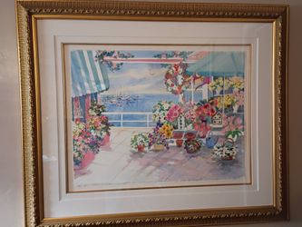 Framed Watercolor Print Flower Shop Harbor Scene