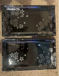 Black Ceramic Rectangular Plates with Cherry Blossom Design