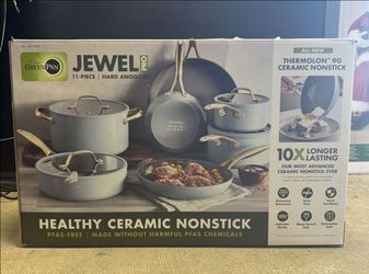 GreenPan Jewel 11-piece ceramic nonstick cookware set.