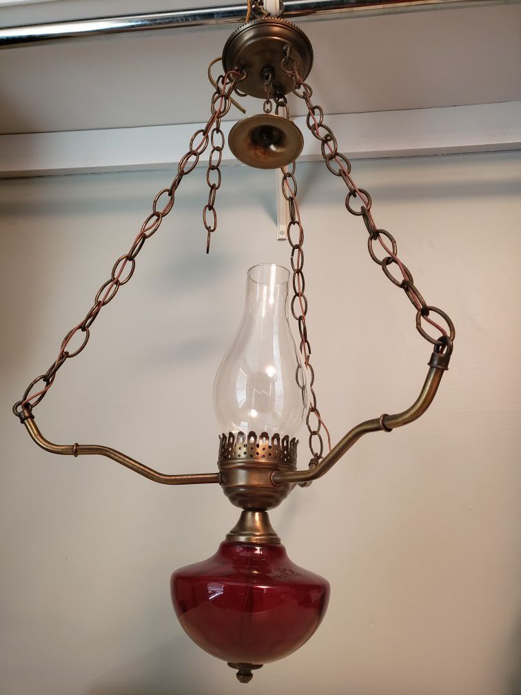 Antique red glass metal chain hanging light fixture as is