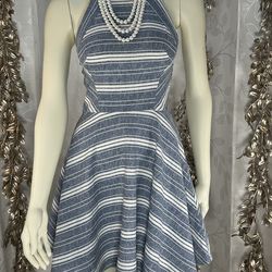 Altar'd State Blue White Striped Linen Blend Open Back Skater Mini Dress Small