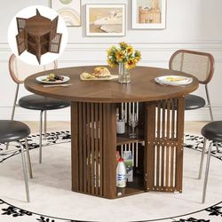 47" Round Dining Table with 6 Doors Storage, 2-Tier Walnut Wood Table for 4-6, Mid Century Modern