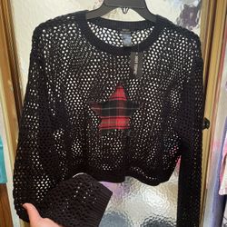 Hot Topic Red Plaid Star Fishnet Black Crop Top Sweater  2X Girls Size $15