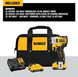 DEWALT XTREME 12V max 1/4" Cordless Impact Driver+2 Battery+Charger+Bag DCF801F2