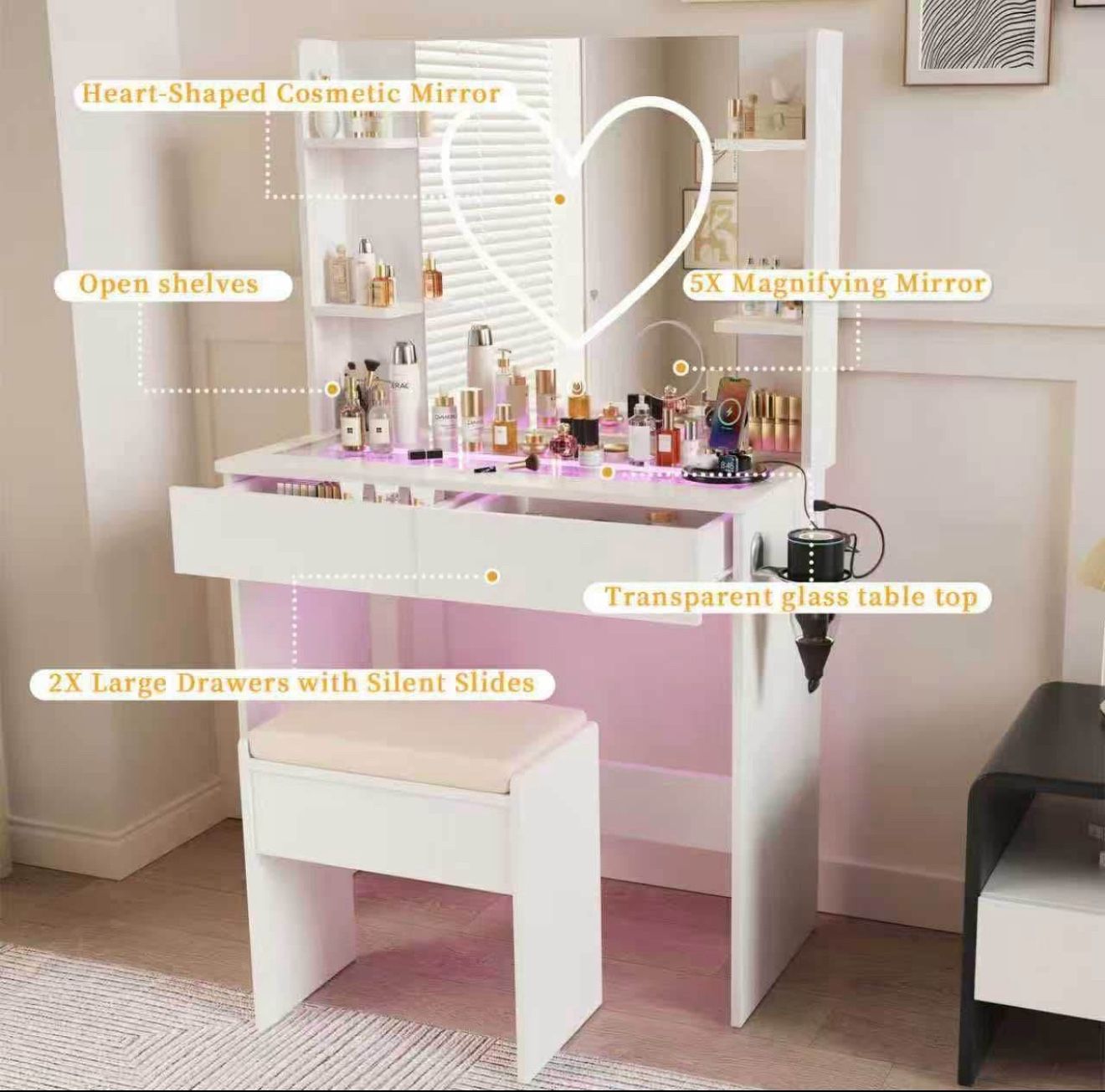 Vanity White Desk with Mirror and Lights Heart Strip, RGB Led, Glass Top Bedroom Dresser