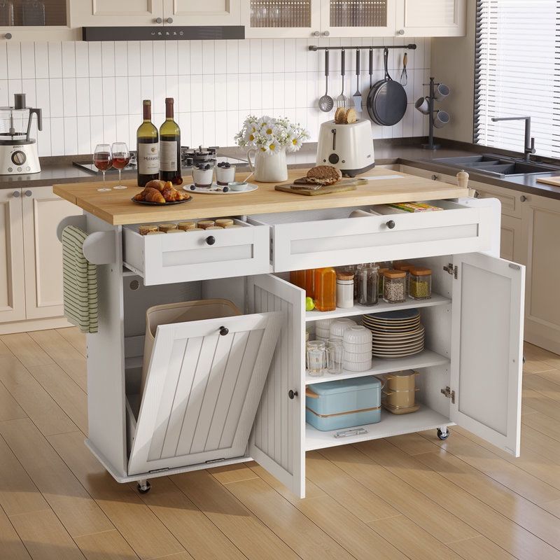 60.2"W Kitchen Island with Two Large Storage Cabinets And Drawers, Locking Wheels