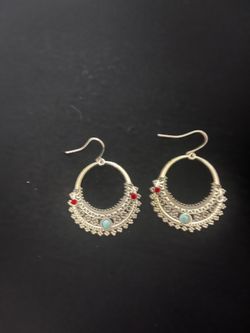 Bohemian Silver-Tone Hoop Earrings with Turquoise and Red Accents