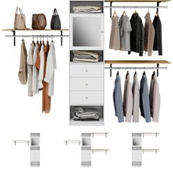 0978 96'' Closet System with Drawers, 8FT Closet Organizer System with Mirror Cabinet& 3 Shelving Towers, Built-In Clothes Garment Rack with 3 Extenda