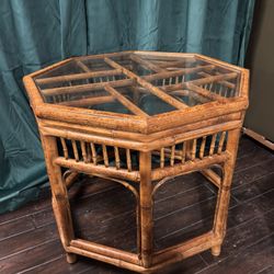 Vintage Mid-Century Burnt Bamboo Octagonal Side Table - Brighton Pavilion / Palm Beach Regency