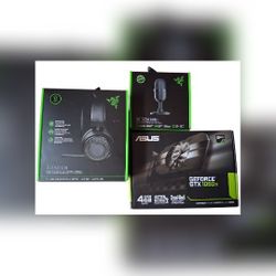 Razer Headset, Microphone, and ASUS Graphics Card Bundle. COMBO SET
Bundle includes Razer headset, Razer Seiren Mini microphone, and ASUS GeForce GTX 