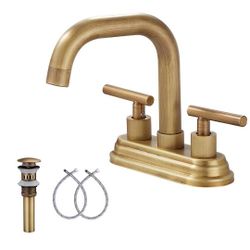 GGStudy Bathroom Vanity Faucet 2-Handles 4 Inches Centerset High Arc Spout Antique Brass with Drain Assembly and Supply Hose Lavatory Faucet Mixer Dec