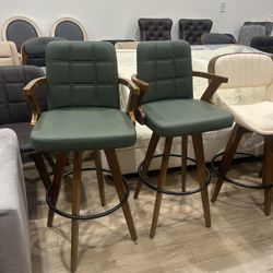 Bar Stools Set of 2 - 30 inch Mid Century Bar Stools with Curved Back and Arms, Walnut Craftsmanship, Faux Leather Seat, Kitchen Island Stools