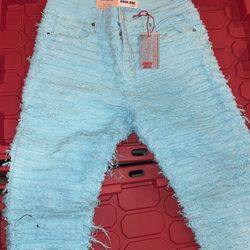 Armor Denim Jeans ; Frayed Design ; Stacked & Flared ; Ice Blue ; 34x36