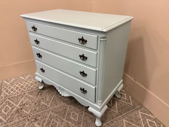 Vintage Cloud Blue Painted Provincial Style 4 Drawer Dresser with Decorative Bronze Swing Pulls