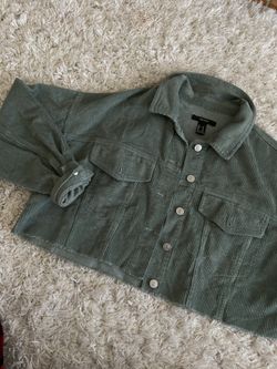 Sage green cropped button up oversized corduroy jacket!