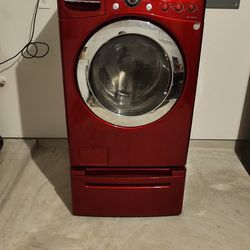 Stunning LG "Wild Cherry Red" Laundry Pair with Matching Storage Pedestals Red