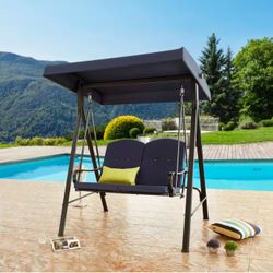 60 in. 2-Person Metal Patio Swing with Blue Cushions
