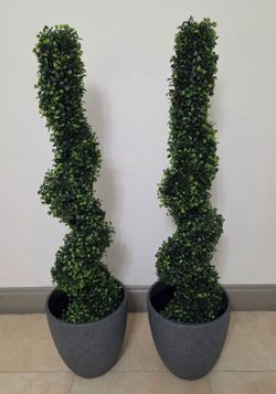 *** JUST REDUCED *** PAIR of 4ft Faux Boxwood Spirals in 12in Dark Gray Planters (2 for $110) @ Lasting Creations