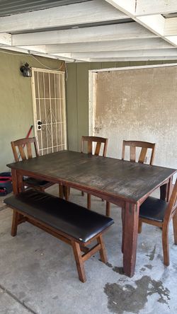 Dark Wood Dining Table Set with Bench