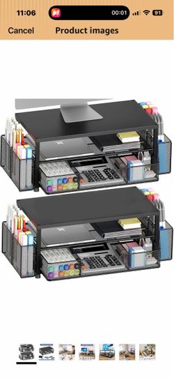 Desk Organizer and Accessories, 2-Tier Computer Monitor Stand Riser with Drawer and 2 Pen Holders, Laptop Stand, Office Desk Accessories for Office Su