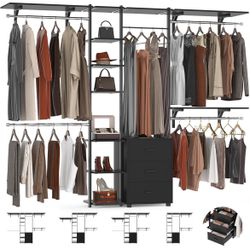 Closet System with Drawers, Closet Organizer System Storage with Shelves, 96'' Walk-in Closet with 5 Hanging Rods, Heavy Duty Wall Mounted Clothes War