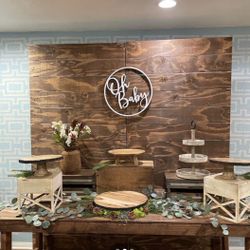 Wooden backdrop and  8ft wooden farm table