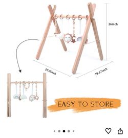 Wooden Baby Play Gym, WOOD CITY Foldable Baby Gym with 6 Hanging Sensory Toys for Infants Activity, Newborn Gifts for Baby Girl and Boy (Natural Wood)